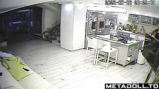 Cute Armenian brunette in black stockings masturbates in the kitchen
