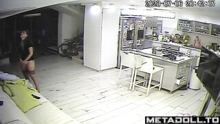 Cute Armenian brunette in black stockings masturbates in the kitchen