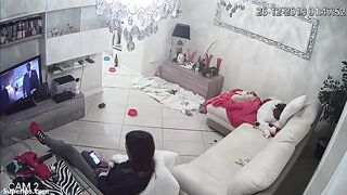 Skinny brunette girl masturbates on the couch