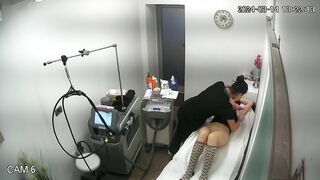 Innocent German brunette student girl bikini sugaring depilation in hair salon