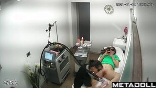 Sweet Ukrainian brunette slave shaving pussy in cosmetic salon