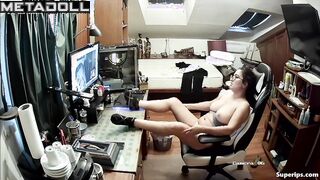 American nerdy woman fucks by video call