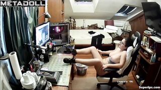 American nerdy woman fucks by video call