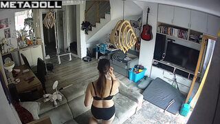 Tanned Norwegian brunette porn model changes her panties after work