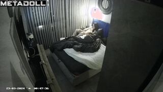 Busty brunette woman is masturbating against the wall hidden IP cam