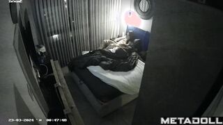Busty brunette woman is masturbating against the wall hidden IP cam