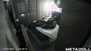 Busty brunette woman is masturbating against the wall hidden IP cam