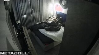 Busty brunette woman is masturbating against the wall hidden IP cam