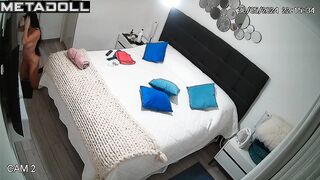 Naked Spanish brunette mom changes her bra in the bedroom