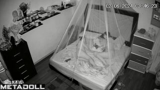 Naughty American brunette woman wets the bed while fucking hidden camera
