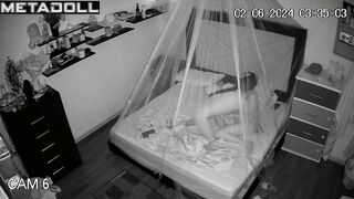 Naughty American brunette woman wets the bed while fucking hidden camera