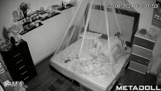 Naughty American brunette woman wets the bed while fucking hidden camera