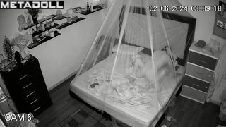 Naughty American brunette woman wets the bed while fucking hidden camera