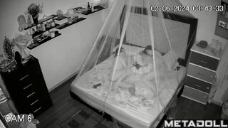 Naughty American brunette woman wets the bed while fucking hidden camera
