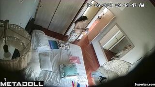 Latina girl changes clothes in front of her stepdad