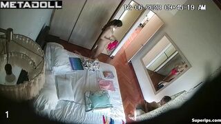 Latina girl changes clothes in front of her stepdad