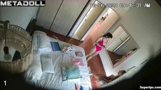 Latina girl changes clothes in front of her stepdad