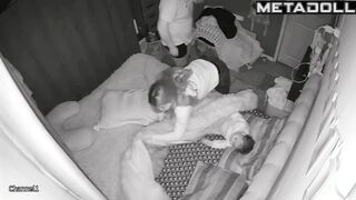 Fat French brunette MILF gives her husband a handjob spy cam