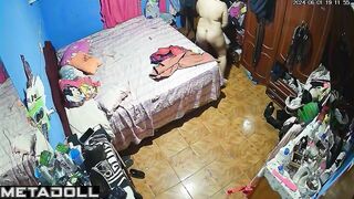 Lesbian Spanish brunette mom changes her bra before watching porn