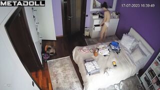 Naughty naked British brunette fancy woman changes her new panties to go out to a party
