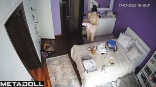 Naughty naked British brunette fancy woman changes her new panties to go out to a party