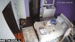 Naughty naked British brunette fancy woman changes her new panties to go out to a party