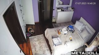 Naughty naked British brunette fancy woman changes her new panties to go out to a party
