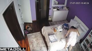 Naughty naked British brunette fancy woman changes her new panties to go out to a party