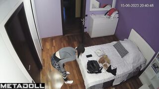 Daily routine of English brunette mother in the bedroom real spy cam