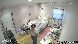 Brunette college girl gets dressed in her room