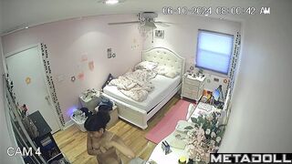 Brunette college girl gets dressed in her room
