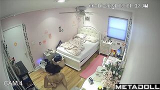 Brunette college girl gets dressed in her room