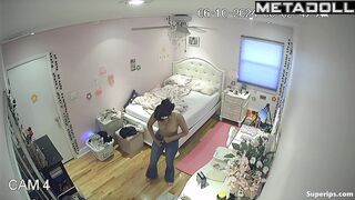 Brunette college girl gets dressed in her room