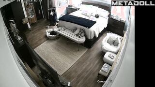 American blonde mom gets dressed in her room