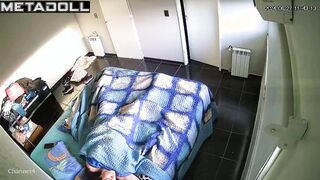 Innocent brunette babysitter is masturbating in her bed voyeur IP cam