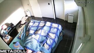Innocent brunette babysitter is masturbating in her bed voyeur IP cam
