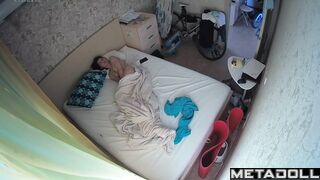 Naked Slavic girl rubs her pussy