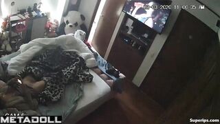 Teenage brunette girl rubs her pussy