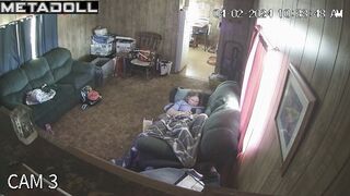 Perverse blonde wife is masturbating on the sofa voyeur IP cam