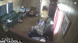Perverse blonde wife is masturbating on the sofa voyeur IP cam