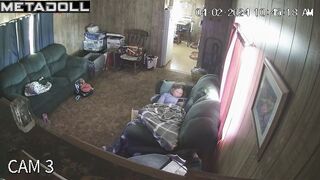 Perverse blonde wife is masturbating on the sofa voyeur IP cam