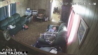Perverse blonde wife is masturbating on the sofa voyeur IP cam