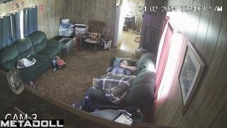Perverse blonde wife is masturbating on the sofa voyeur IP cam