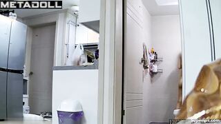 Korean pregnant girl takes a shower