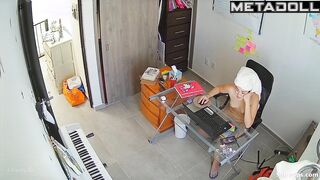 Naked young girl watches porn on her laptop