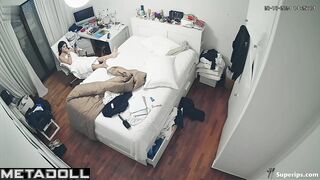 French teenage girl dresses in her room