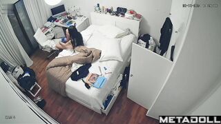 French teenage girl dresses in her room