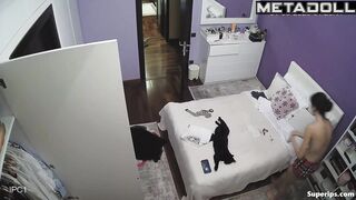 French college girl dresses in her room