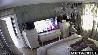Big tits British brunette wife rubs her pussy while watching shemale porn
