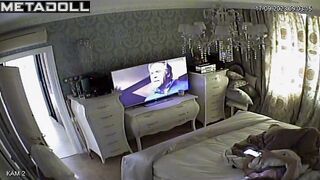 Big tits British brunette wife rubs her pussy while watching shemale porn